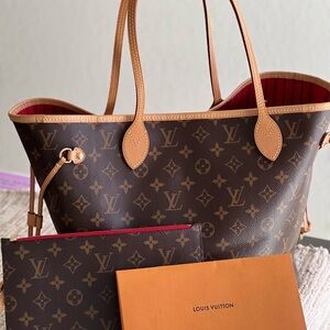 Louis Vuitton Monogram Canvas Tote with Red Interior and Natural Trim